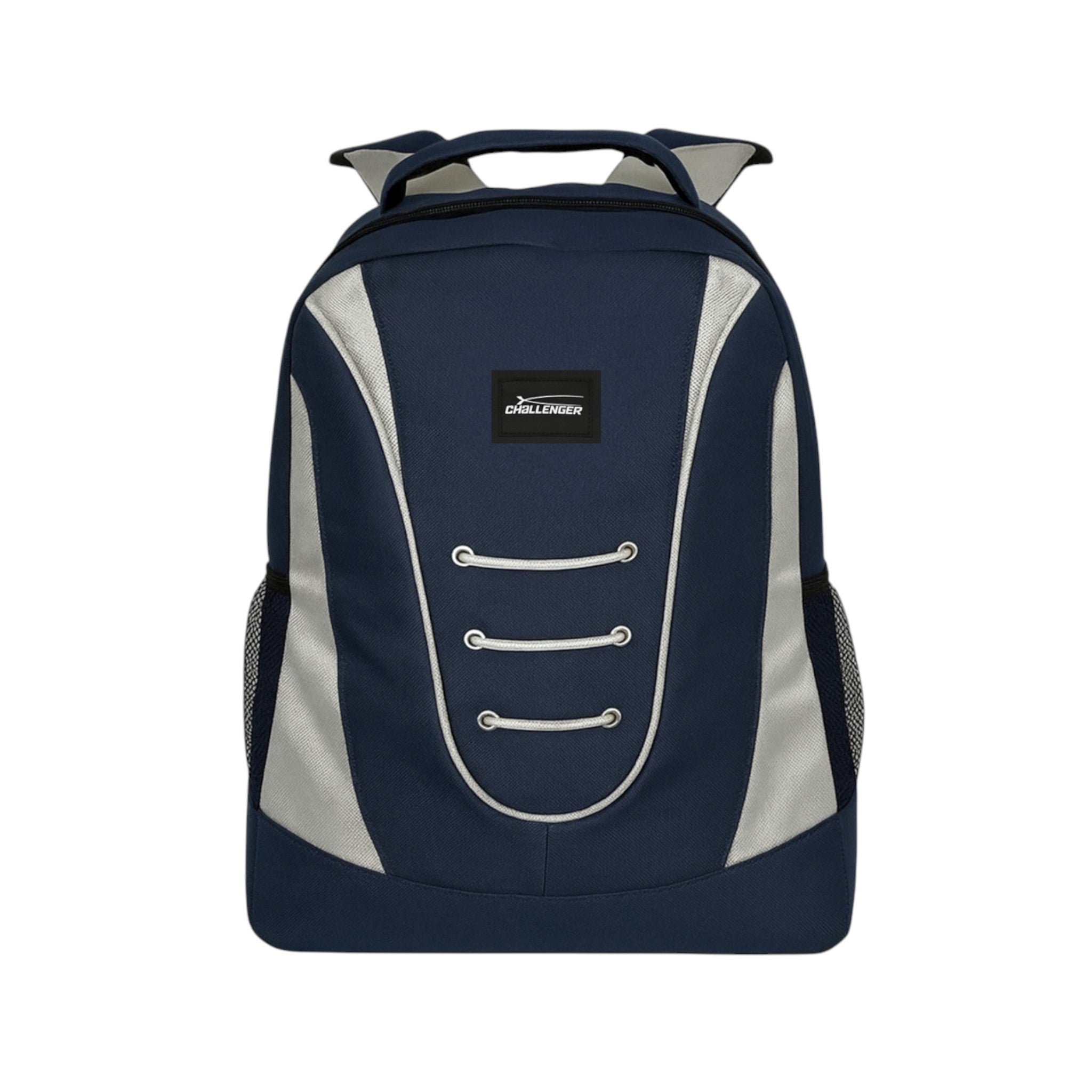 Navy and silver Everyday Challenger dual compartment backpack with padded shoulder straps, side mesh pockets, and durable water-resistant fabric – ideal for school, work, or travel.